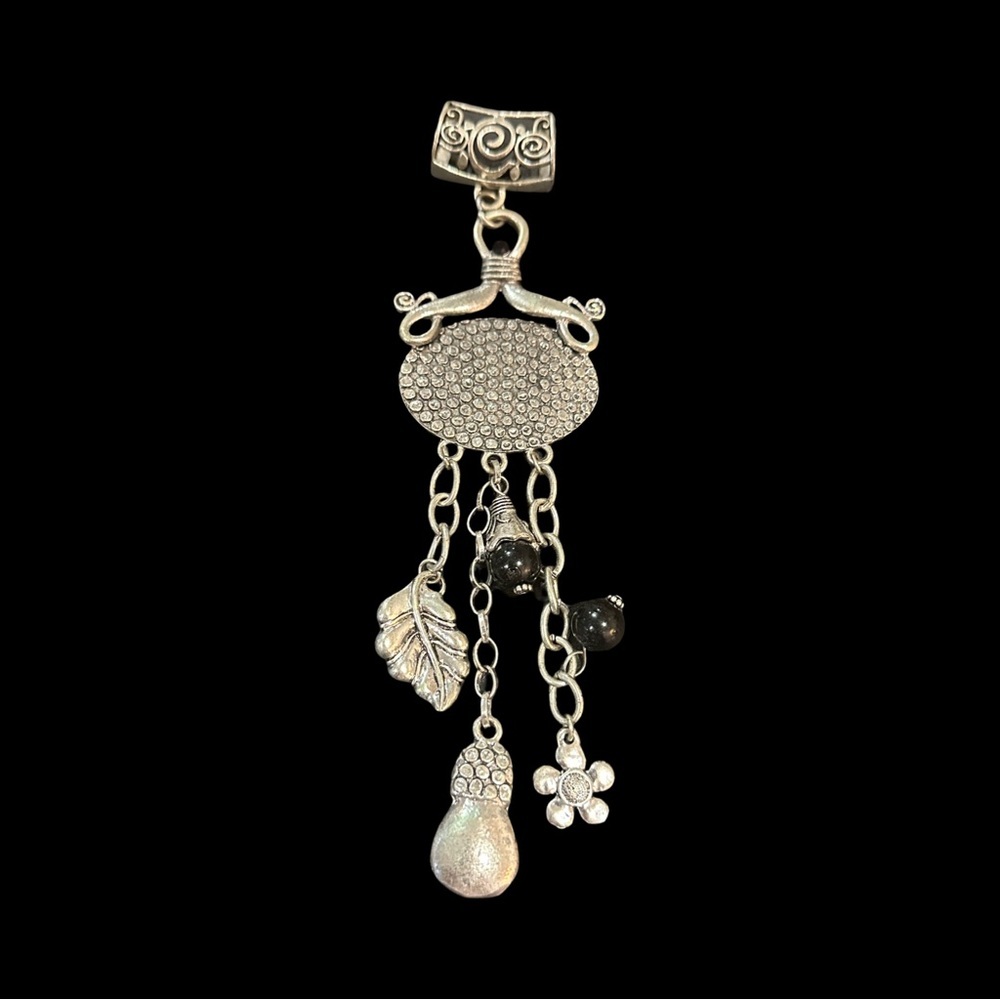 Ornate Scarf Slide Silver Tone Black Textured Charms